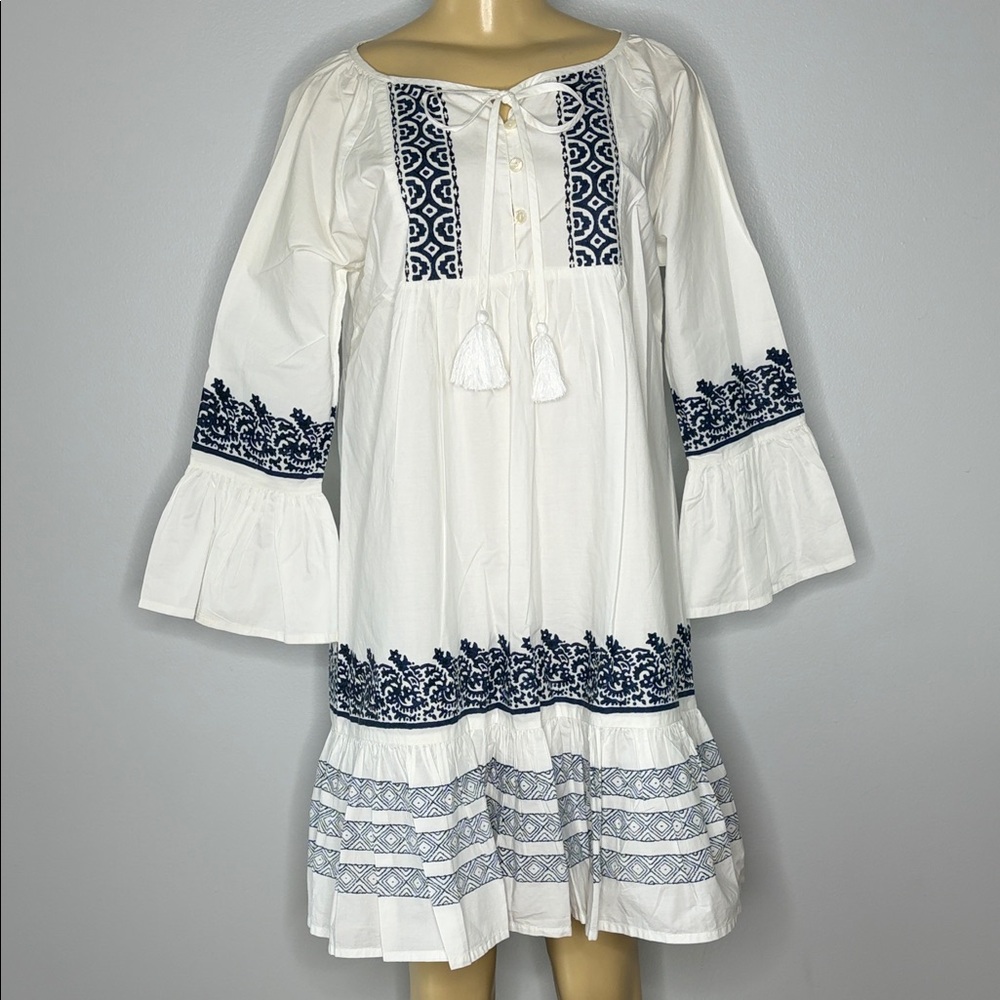 Roller Rabbit White Boho Embroidered Tassel Dress with Navy Accents Size S - Picture 2 of 6